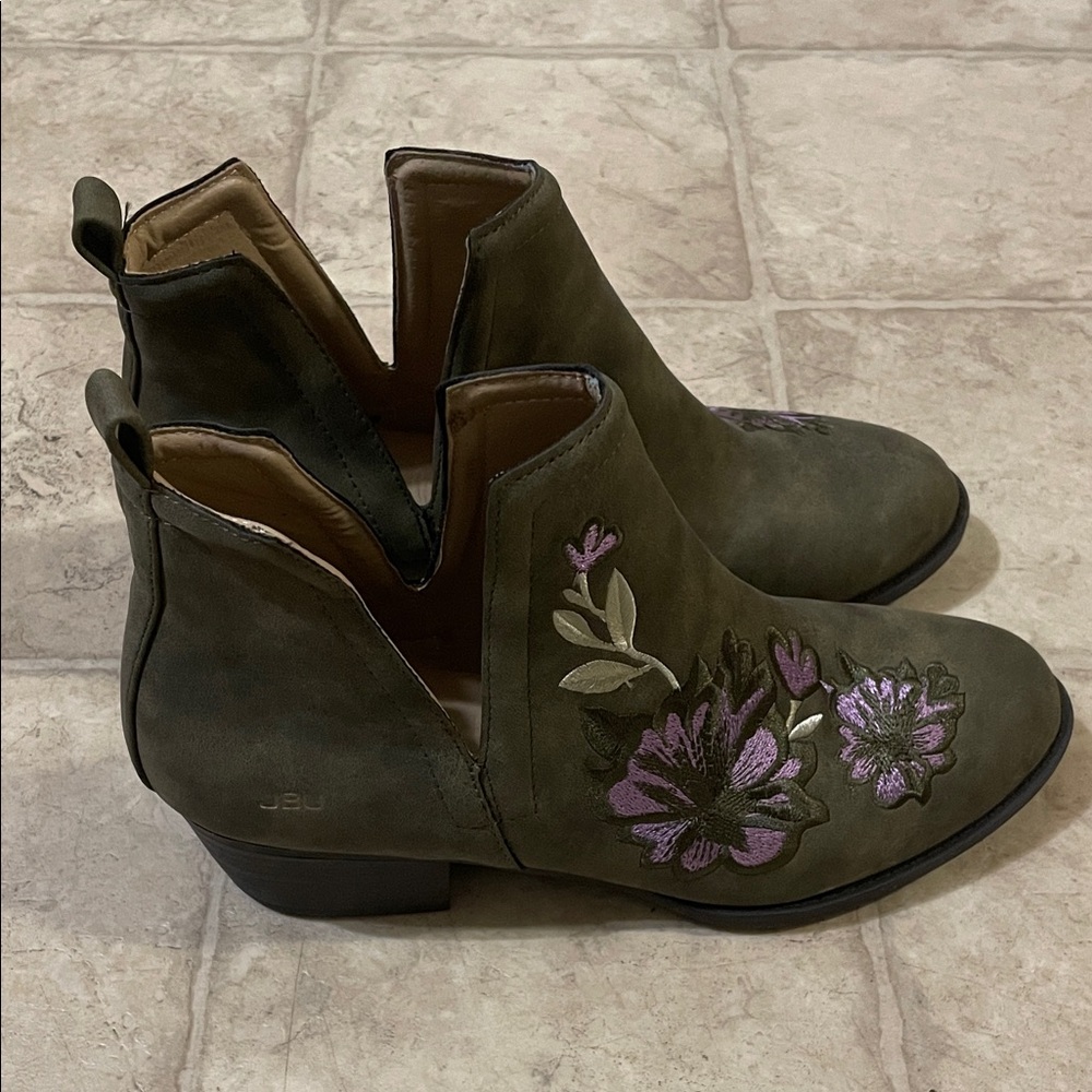 JBU Olive Floral Embroidered Ankle Boots